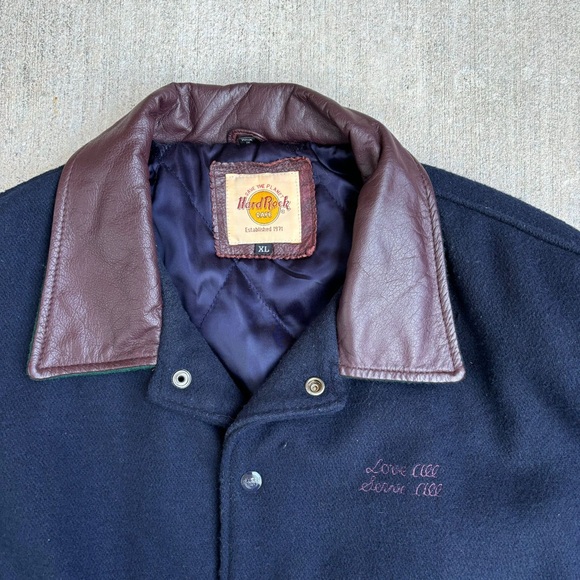 Vintage 90s Hard Rock Cafe London Wool Leather Varsity Jacket Love All Serve - Picture 2 of 12